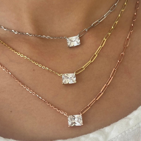 Baguette Necklace Crystal Diamond Shiny Zirconia Rectangle Stone Emerald Cut Pendant Necklace Layering Gift for her Baguette Jewelry 925