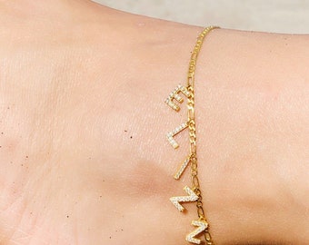 Gold Diamond Name Anklet, Letter Anklet, Initial Anklet Bracelet, Bell Anklet, Gemstone Anklet, Summer gift, Personalized Gift for Her, 925