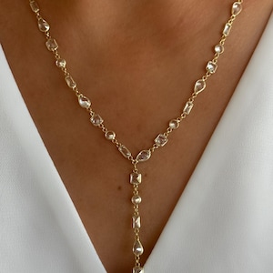 Lariat Necklace, Layering Long Y Necklace, Diamond Lariat Necklace Silver Gold Rose, Crystal Gemstone Necklace, Gift for Mom, Gifts for Her