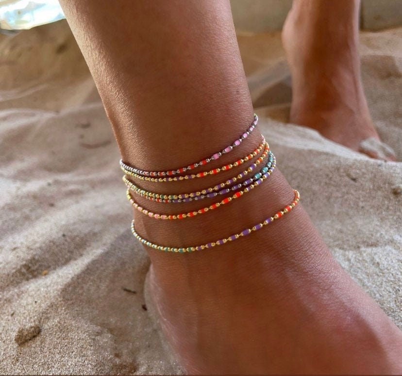 Multicolor Enamel Anklet, Colorful Enamel Ankle Bracelet, Summer Gift, Layering  Anklet, Ball Bead Chain Anklet, Rose Gold Anklet,  Jewelry