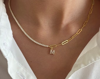 Initial Half Tennis Half Link Chain Necklace, Custom Letter Necklace, 14k Gold Paperclip Personalized Tennis Jewelry Gift  Women Girls