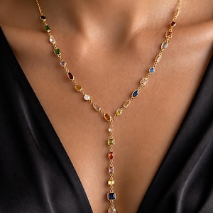 Sterling Silver Lariat Necklace: Multicolor Gemstone Long Y Drop, 14K Gold Plated