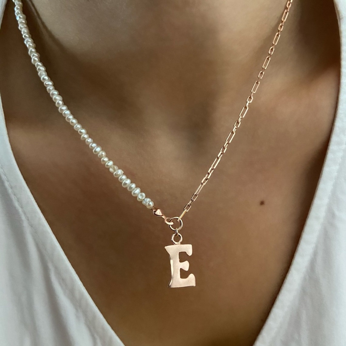 Half Pearl Half Gold Chain Necklace Pearl Choker Letter Etsy