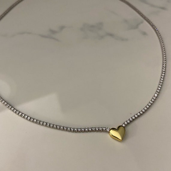 Clear Tennis Chain Necklace Gold Heart 