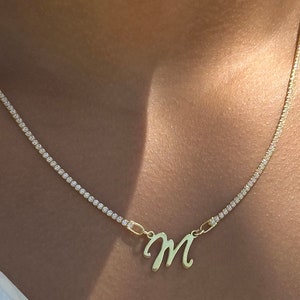 Personalized Tennis Name Necklace, Diamond Chain Initial Necklace, Custom CZ Letter Tennis Choker, Gift for her Women Girls 925 Silver