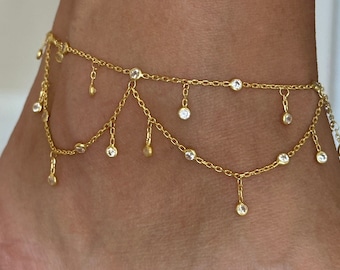 Dangle CZ Stone Anklet, Crystal Diamond Anklet, Dangle Gemstone Anklet, Summer gift, Beach Jewelry, 14K Rose gold Anklet, Ankle Bracelet