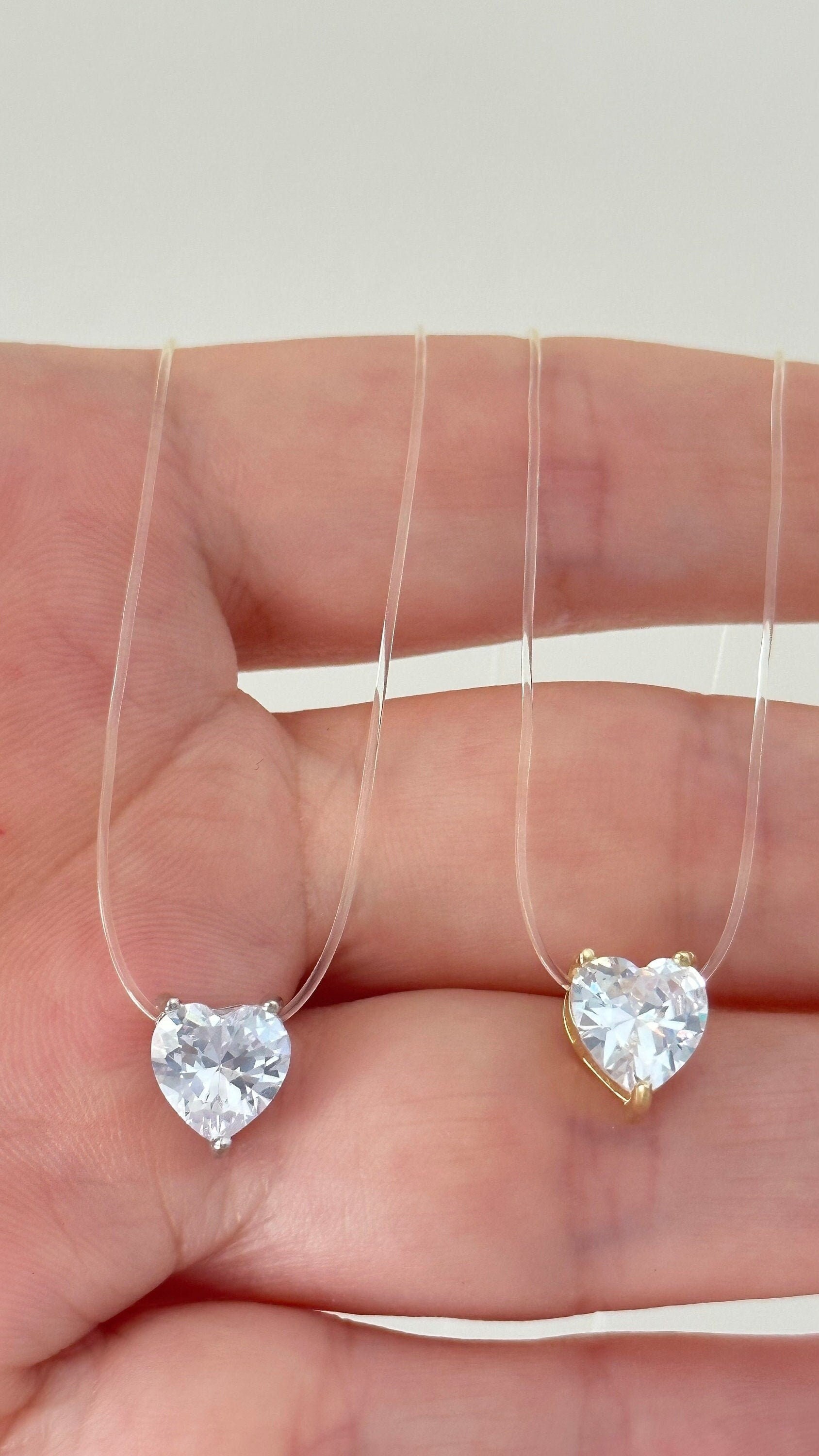 Heart Diamond Floating Illusion Necklace Fishing Line Dot