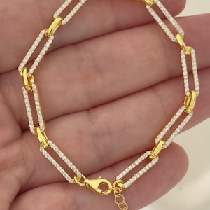 CZ Diamond Paperclip Bracelet: 14K Gold Plated Sterling Silver