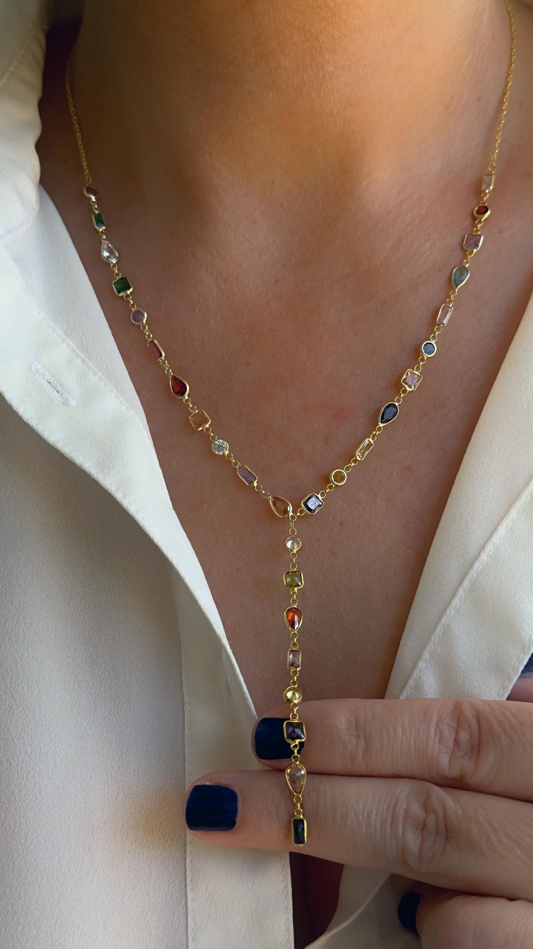 Sterling Silver Lariat Necklace: Multicolor Gemstone Y Drop, 14K Gold Plated