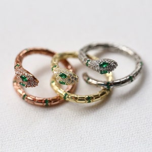 Sterling Silver Snake Ring: Green CZ Eyes, Adjustable Serpent Jewelry