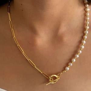 925 Sterling Silver Half Pearl Half Chain Necklace, Pearl Choker, 14k Gold Rose Paperlink Chain, Pearl Jewelry, Gifts for women Gift for her