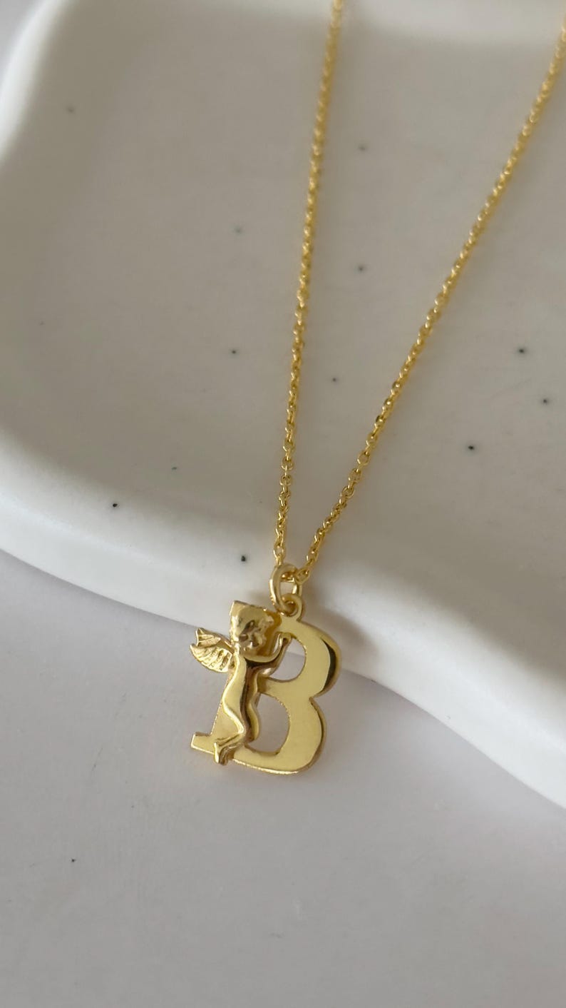 Angel Letter Necklace 14k Gold,  Initial Guardian Baby Angel Pendant, Custom Letter Necklace Personalized Jewelry Gifts, 925 Sterling Silver Handmade