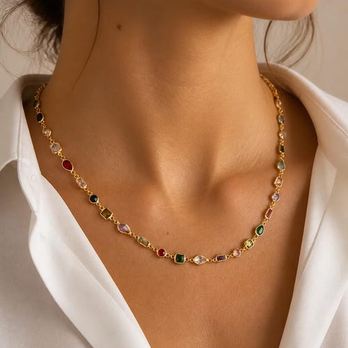 Colorful Gemstone Necklace, Dainty Gold Necklace, Multicolor Diamond Chain, Rainbow Jewelry, Gift for Her