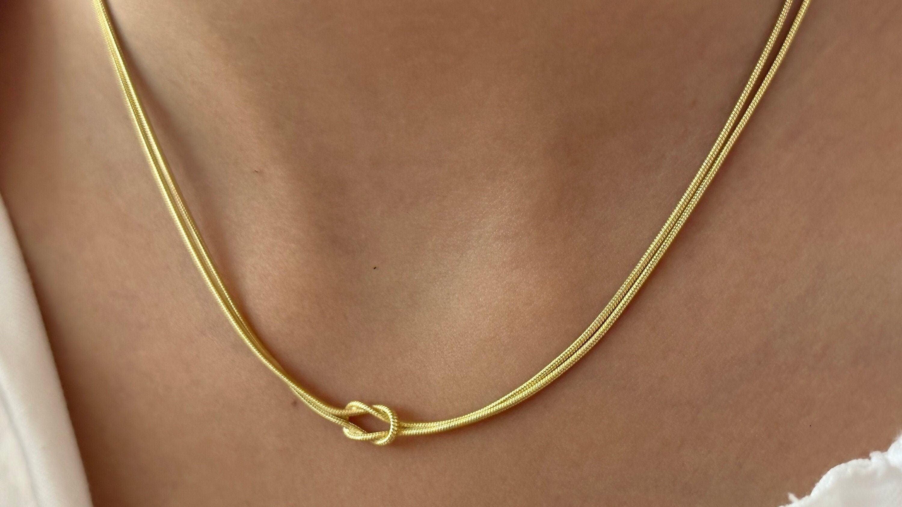 Gold Love Knot Necklace: Sterling Silver Double Chain Choker
