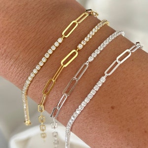 Dainty Tennis Bracelet Women, CZ Diamond Bracelet, Diamond Bracelet, Link Chain Bracelet 14k Gold Rose Silver, Tennis Jewelry, Gifts for Her
