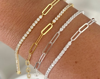 Dainty CZ Diamond Tennis Bracelet: 14k Gold, Sterling Silver Link Chain