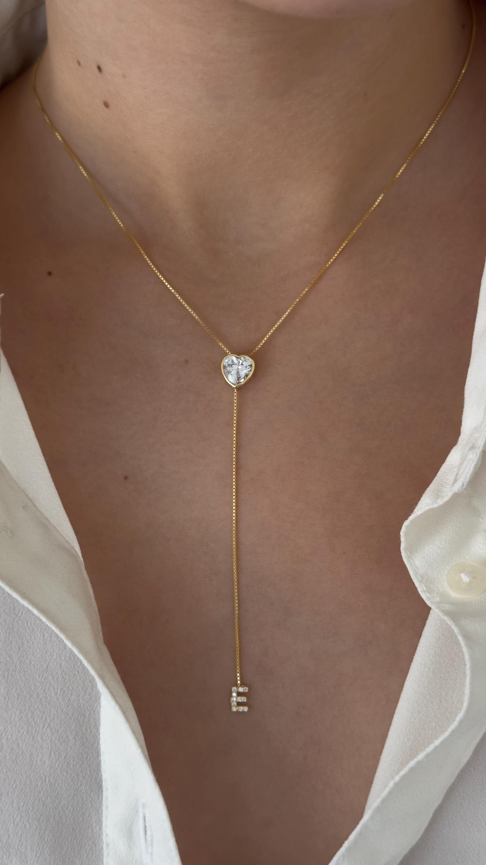 Dainty Lariat Necklace, Initial Necklace Gold, Diamond Heart Necklace, Personalized Long Y Necklace, Custom Letter Necklace, Gifts for Women