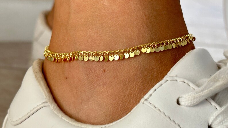 Gold Ankle Bracelet, Trendy Dangle Anklet, Mother's Day Gift, Girlfriend Gift, Summer Anklet, Beach Jewelry, Sterling Silver Chain anklet image 3