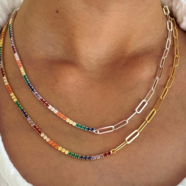 Half Tennis Half Link Chain Necklace, CZ Tennis Necklace, Diamond Tennis Chain, Multicolor Rainbow Necklace, 18k Link Chain, Tennis Jewelry