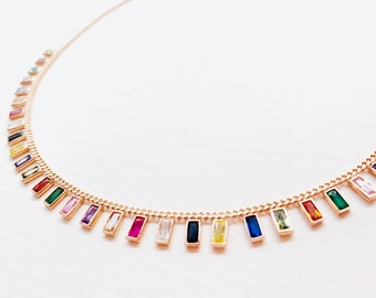 Multicolor Baguette Necklace, Baguette Choker, Rainbow Necklace, Drop Dangle Necklace, Colorful Necklace, CZ Necklace, Trendy Necklace, 925