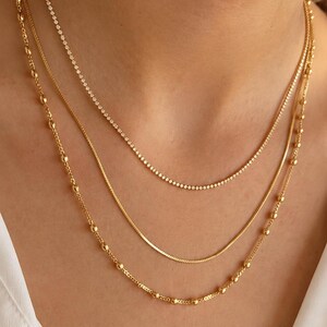 Gold Filled Layered Necklace Set, Tennis Necklace, Box Chain, Ball Chain, Necklace Stack, Waterproof Jewelry