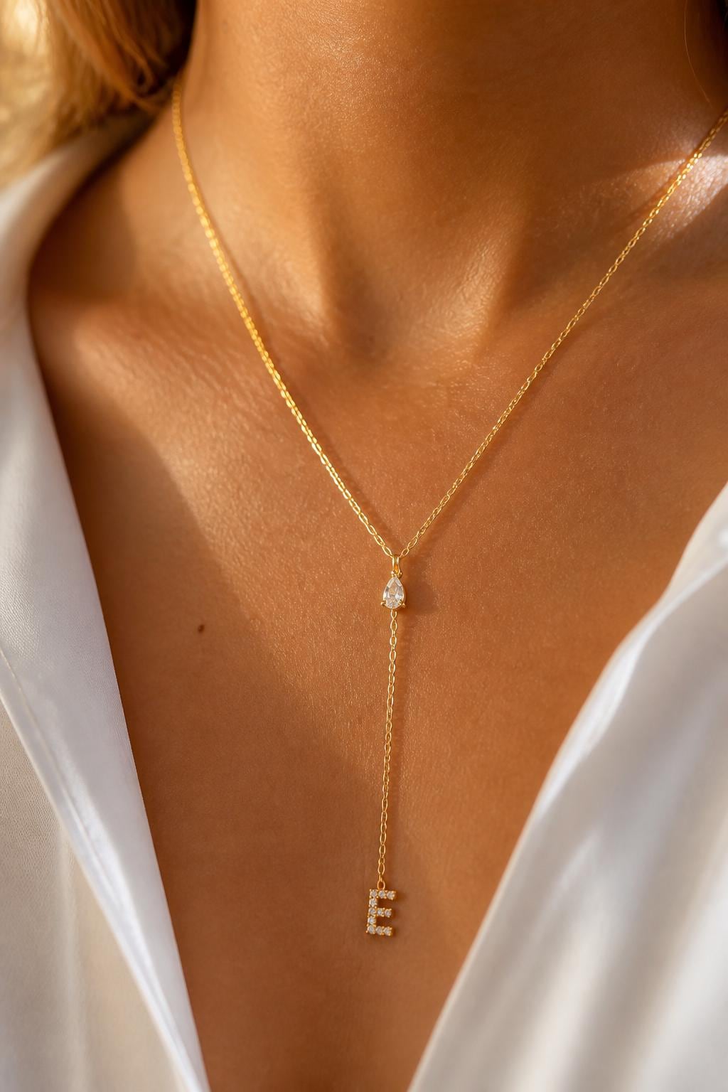 Dainty Gold Initial Lariat Necklace, Sterling Silver Letter Necklace, Personalized Jewelry Gift for Her