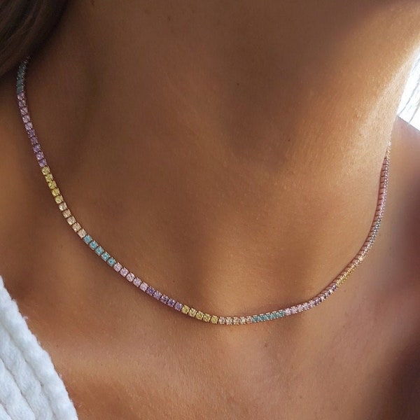 Tennis Necklace Choker, Tennis Chain, Crystal choker necklace, Pastel Colorful Necklace, CZ Necklace, Pastel Jewelry, Tennis gifts for women