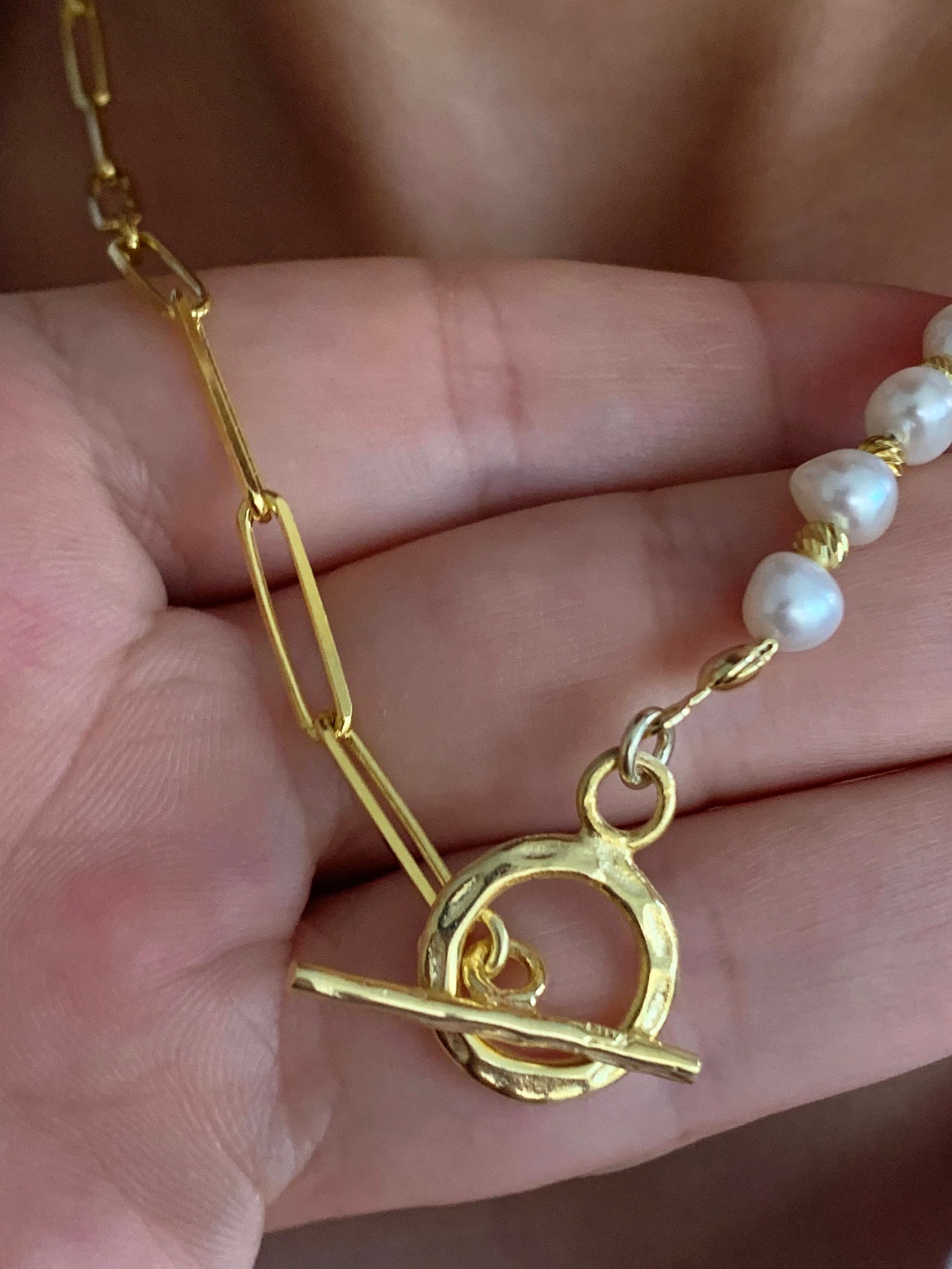 Half Pearl Necklace Half Pearl Half Chain Necklace Pearl Etsy