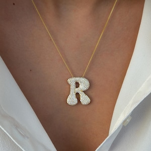 Personalized Bubble Letter Necklace - Jumbo Diamond Initial Pendant Sterling Silver 14k Gold