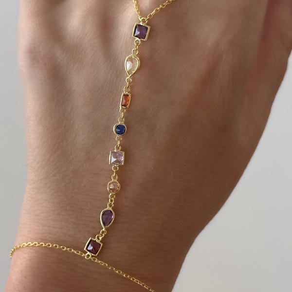 14k Gold Hand Chain Bracelet, Sterling Silver, Gemstone Finger Ring