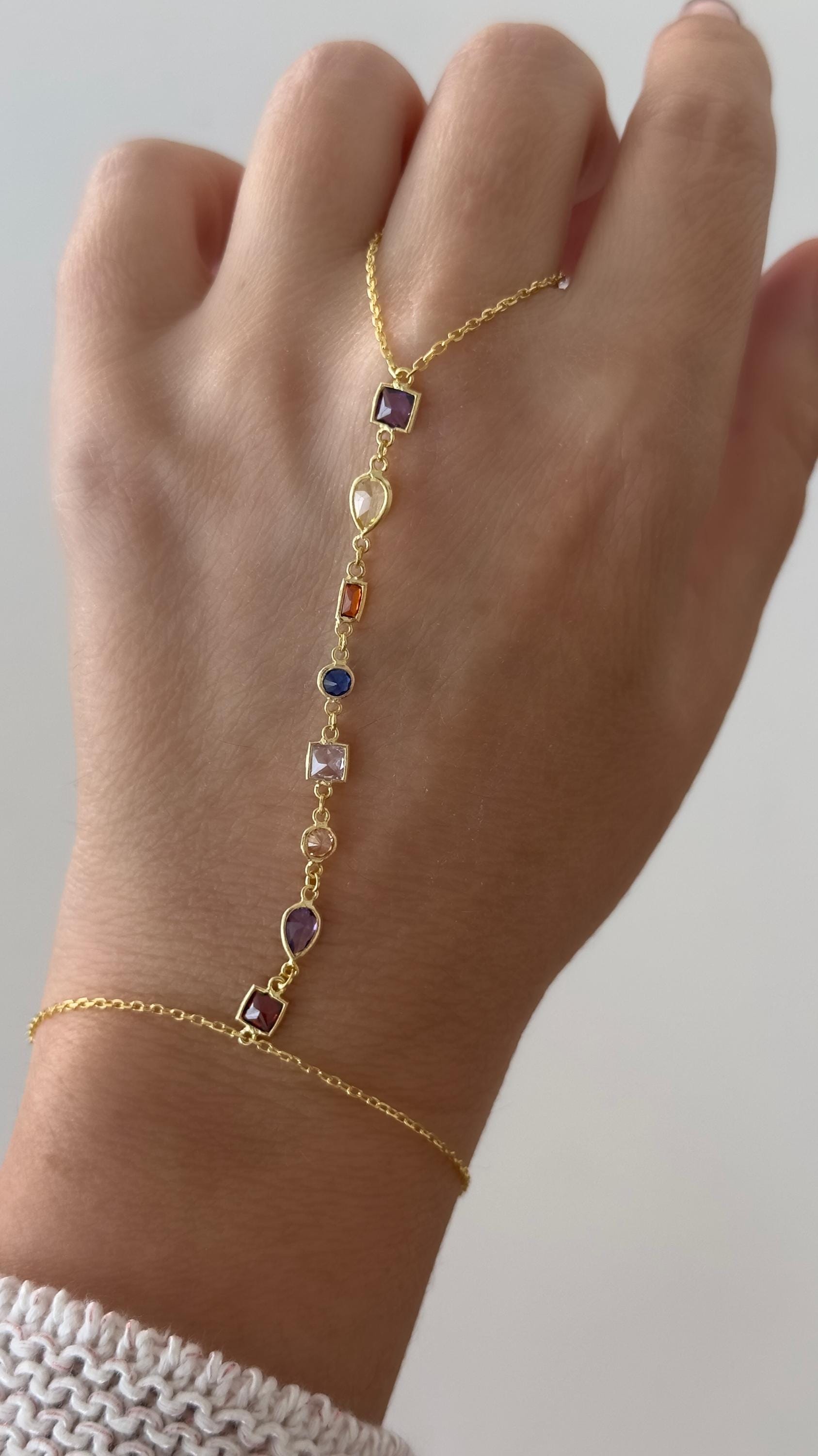 14k Gold Hand Chain, Diamond Hand Chain, Dainty Hand Chain, Crystal Ring Bracelet, Finger Bracelet, Gift for Her, 925 Sterling Silver, Gift