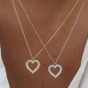 Dainty Heart Necklace Gold, Diamond Heart Charm, Open Heart Pendant, Silver Heart Jewelry, Crystal Necklace, Gifts for Women, Gift for her