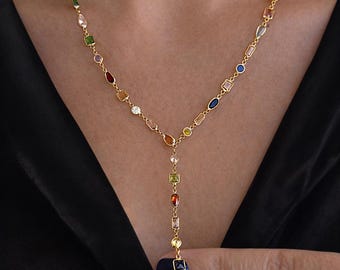 CZ Lariat Necklace, 14k Gold Plated Sterling Silver, Multicolor Gemstone