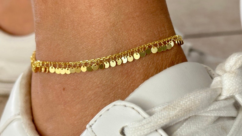 Gold Ankle Bracelet, Trendy Dangle Anklet, Mother's Day Gift, Girlfriend Gift, Summer Anklet, Beach Jewelry, Sterling Silver Chain anklet image 4