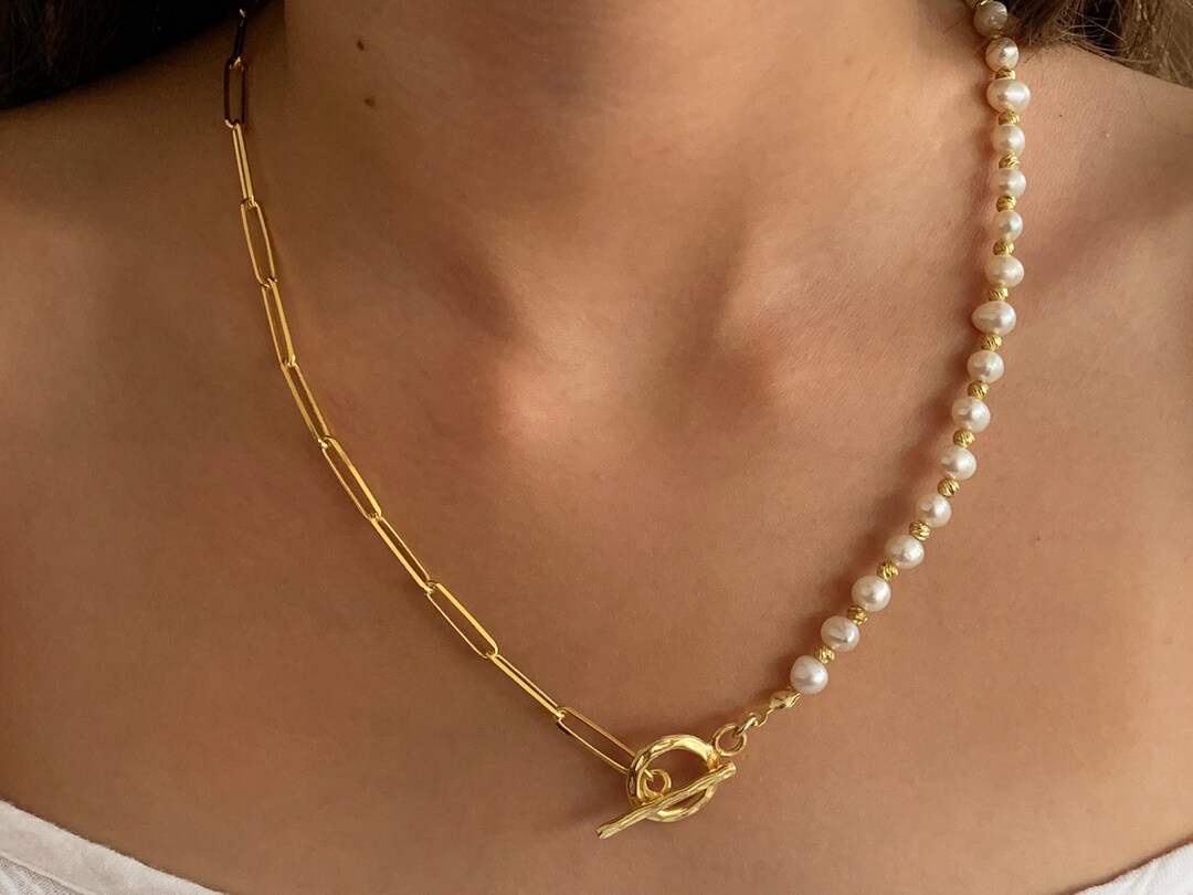 Half Pearl Necklace Half Pearl Half Chain Necklace Pearl Etsy