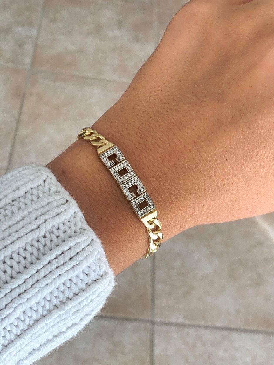Thick Gold Name Bracelet, Diamond Name Bracelet, CZ Gemstone