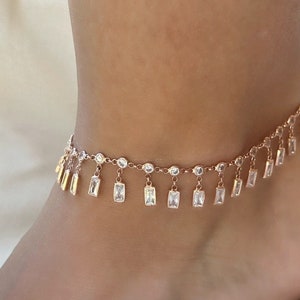 Dangle CZ Stone Anklet, Crystal Diamond Anklet, Dangle Gemstone Anklet, Summer gift, Beach Jewelry, 14K Rose gold Anklet, 925 Silver