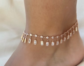 Dangle CZ Stone Anklet, Crystal Diamond Anklet, Dangle Gemstone Anklet, Summer gift, Beach Jewelry, 14K Rose gold Anklet, 925 Silver