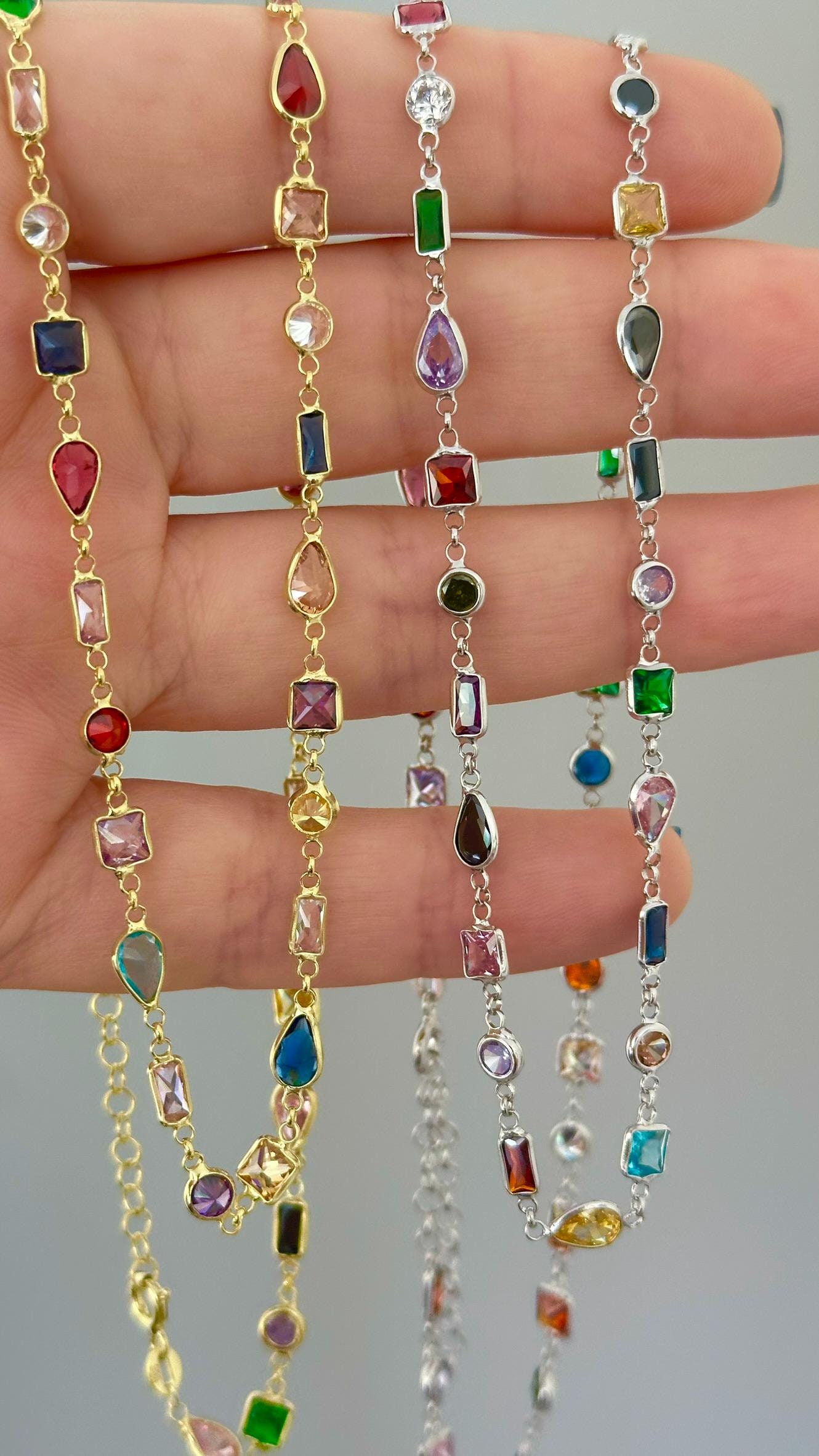 925 Sterling Silver CZ Chain Necklace, Colorful Diamond Necklace 18k Gold Plated, Multicolor Layering Necklace, Stack Jewelry Gift Women