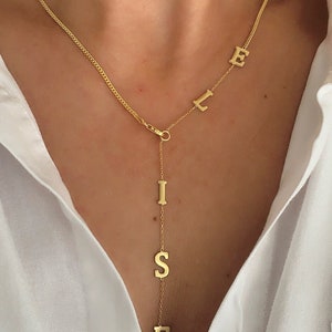 Name Necklace, Lariat Necklace, Custom Y Initial Necklace, Personalized Jewelry Gift Women Girls, Mom Gift, 14K Gold Plated, Gift for her