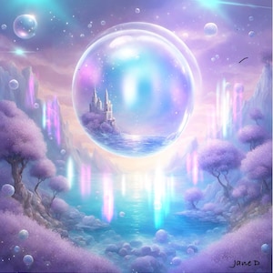 May include: A fantasy landscape featuring a white castle encased within a giant, iridescent bubble hovering over a turquoise lake. The scene is surrounded by pastel pink and purple clouds and trees.