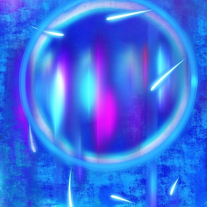 May include: Abstract digital art featuring a glowing blue circle and white streaks of light against a blue backdrop.
