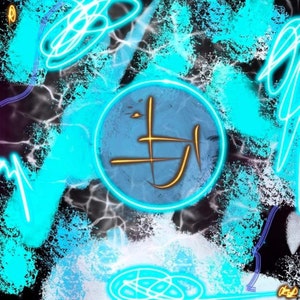 May include: Abstract digital art featuring a blue circle containing a yellow kanji character. The background is black with blue and white abstract shapes.