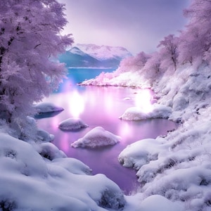 Puede incluir: Un paisaje invernal nevado con un lago congelado y montañas en el fondo. El lago es de un color morado vibrante con un suave resplandor que emana del agua. Los árboles están cubiertos de nieve y escarcha, creando una atmósfera mágica y serena.