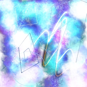 Puede incluir: Arte digital abstracto con un esquema de color azul, morado y blanco. La imagen presenta formas geométricas y líneas superpuestas.