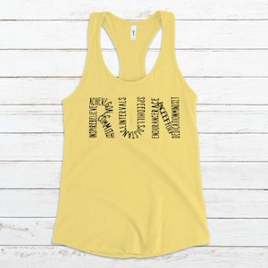 May include: Yellow tank top with the word "RUN" spelled out in black text. The letters are made up of words related to running, such as "achieve", "inspire", "believe", "speed", "hills", and "race".