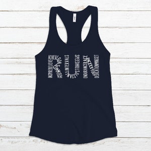May include: A navy blue tank top with the word "RUN" spelled out in white text. The letters are made up of words related to running, such as "inspire", "believe", "achieve", "community", "goals", "intervals", "strength", "speed", "hills", "race", "endurance", "pace", "effort", "dedication", "mindset".