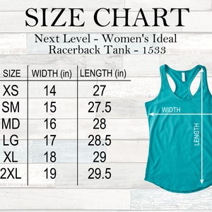 May include: Size chart for a racerback tank top. The chart shows the width and length in inches for sizes XS to 2XL. The chart is on a woodgrain background.