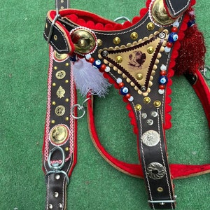 Personalized Orient Style Felt Padded Adjustable Leather Dog Harness Leash set M/L/XL with bell option
