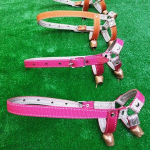 May include: Four dog collars with bells. Two are orange, one is pink, and one is a darker pink. The collars are made of a woven fabric with a white stitching detail. The bells are gold colored.
